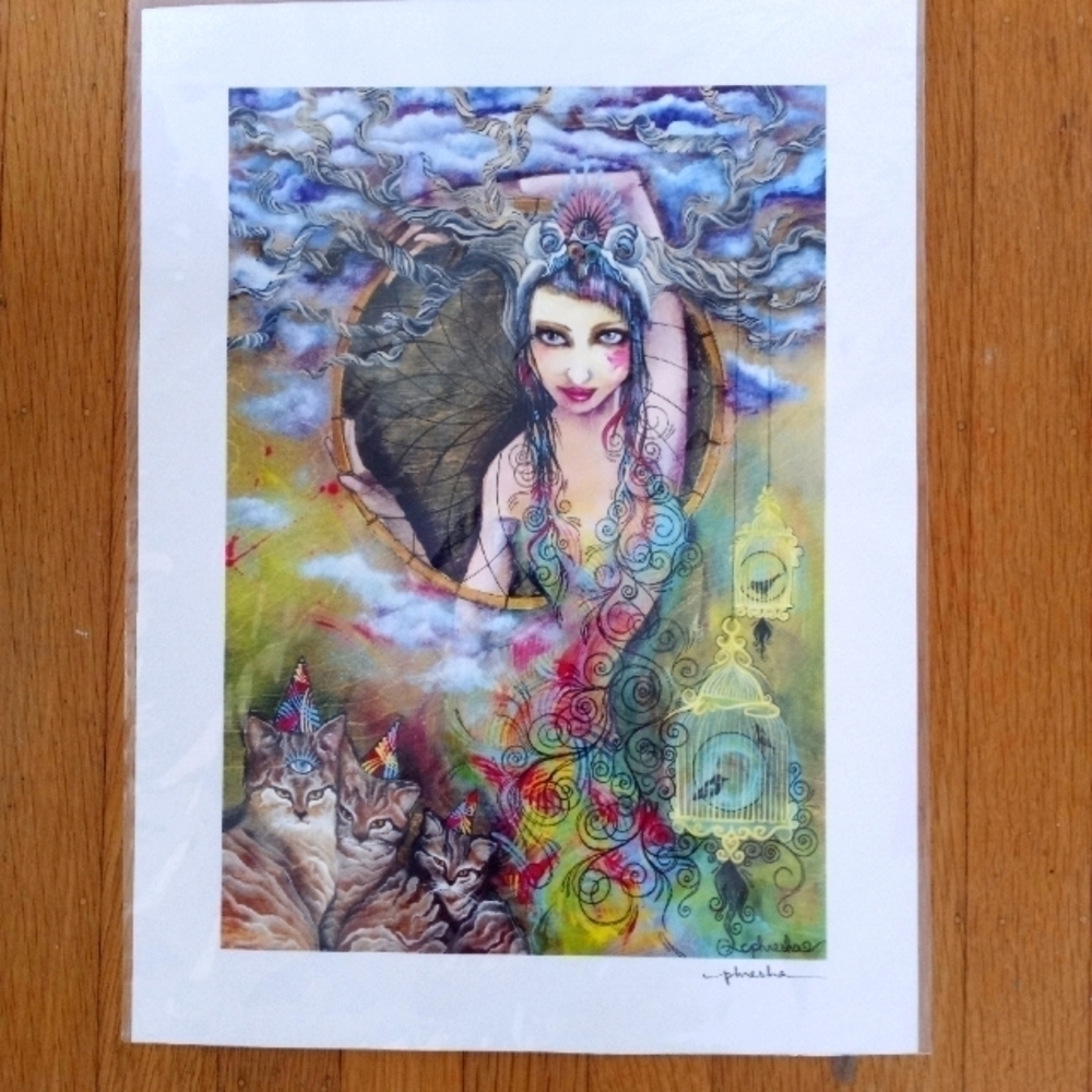 Fine Art Print on Paper Digital Mystical Dreamscape Cats and Beauty